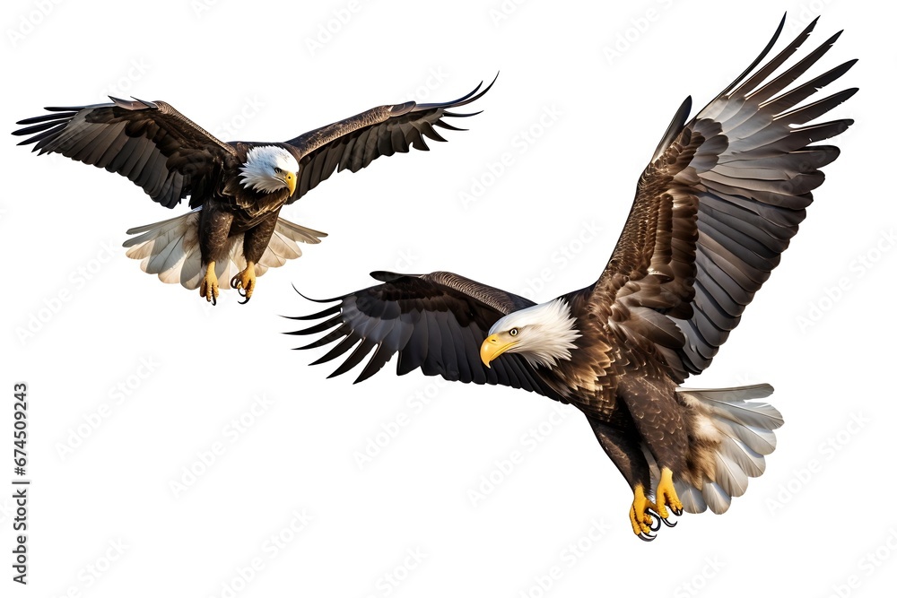 Fototapeta premium Generative AI : A close view of two adult eagles sharing a branch in close proximity high up a tree