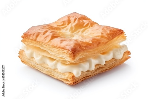 Generative AI : Puff pastry triangle filled with with jam on white background