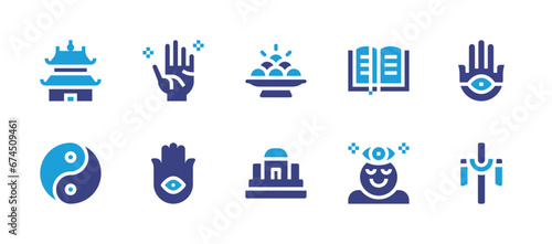 Spirituality icon set. Duotone color. Vector illustration. Containing hamsa, yin yang, bible, temple, fruits, cross, pagoda, third eye, palmistry.