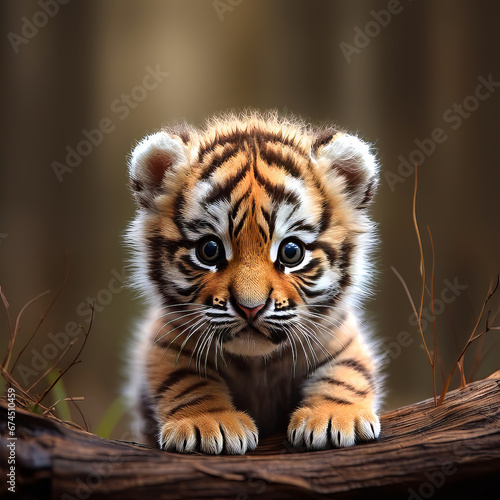 Cute Baby Tiger.  Generated Image.  A digital rendering of a cute baby tiger in the wild.