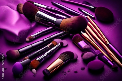 a beautifull set of brushes makeup artist powder in purpple colore background photo