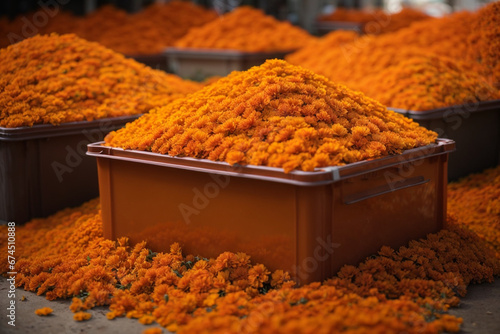 Pile of cempasuchil marigold flowers in orange color displayed on a plastic box. Generative AI. photo