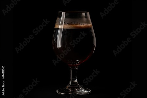 Glass of dark beer on black background, copy space. Generative AI