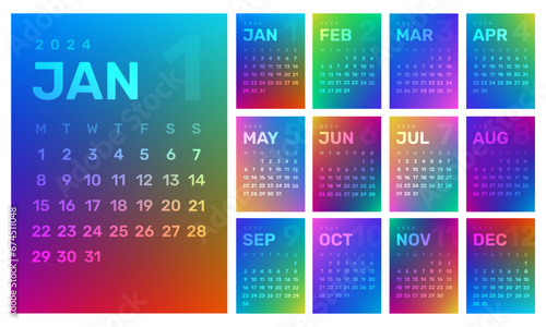 2024 Gradient Monthly Calendar Widget PNG Digital Sticker, Monday-Start  (ID: 674511048)