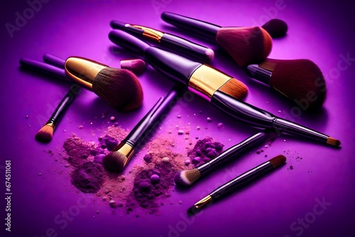 a beautifull set of brushes makeup artist powder in purpple colore background photo