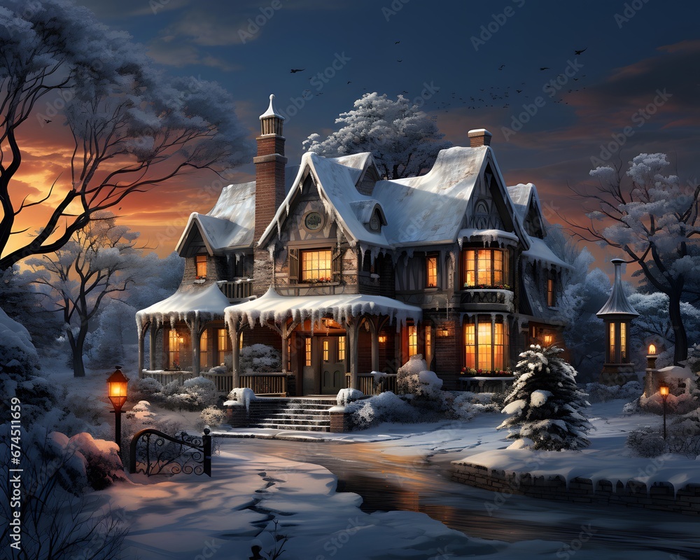 Winter landscape with cottage in the snow at sunset, 3d render