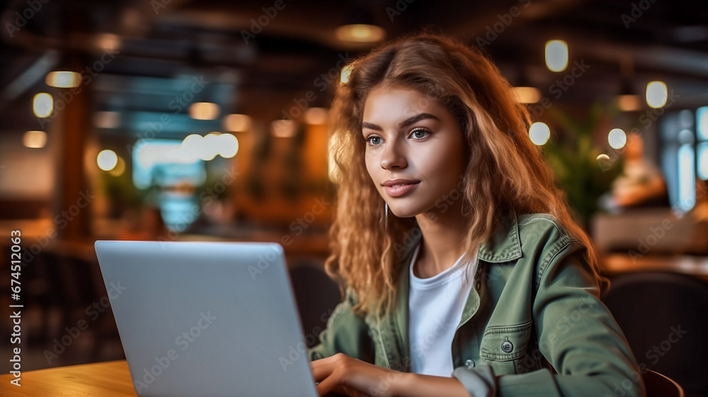 Beautiful young woman working on laptop, girl freelancer or student with computer in cafe at table, looking in camera. Model. Beautiful young woman working on laptop, girl freelancer or student with computer in cafe at table, looking in camera. Model.