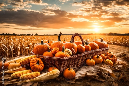 Thansgiving Erntedank agriculture harvest banner - Pumpkins and corn on the cob in a basket with defocused landscape field in the background