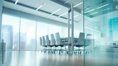  glass door entrance  to defocused boardroom with desk and empty chairs photo