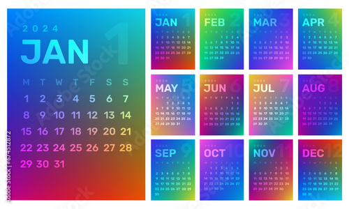 2024 Gradient Monthly Calendar Widget PNG Digital Sticker, Monday-Start  (ID: 674512872)