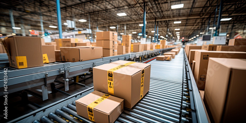 box packages seamlessly moving along a conveyor belt in a busy warehouse fulfillment center