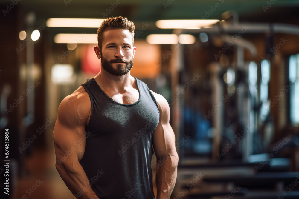 Naklejka premium portrait of bodybuilder resting in gym while looking at camera. Healthy lifestyle. personal trainer