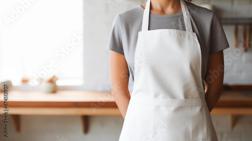 A woman in a kitchen apron. Chef work in the cuisine. Cook in uniform, protection apparel. Job in food service. Professional culinary. Green fabric apron, casual clothing. Baker. Generated AI