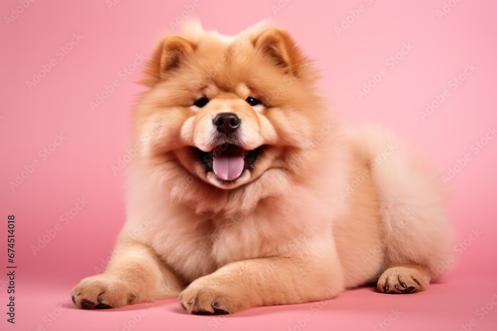 fluffy brown chow chow dog on pink background smiling with tongue out fluffy brown chow chow dog on pink background smiling with tongue out