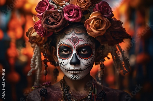 woman with carnival mask makeup closeup portrait on Mexican Day of the Dead celebration party on the street
