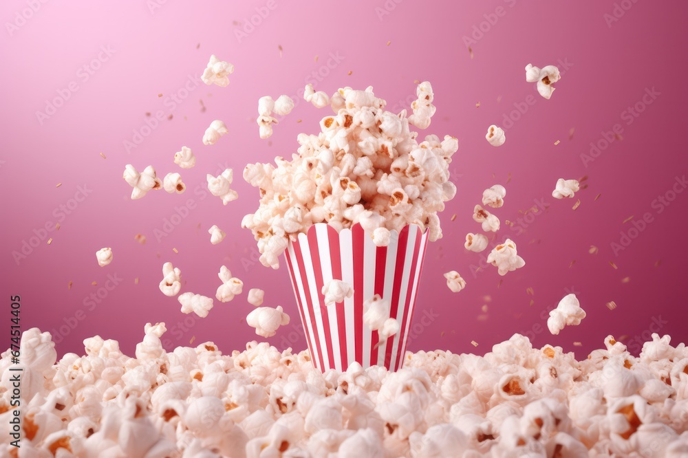 popcorn in a paper bag flying around on pink background. Cinema and movie theater concept.