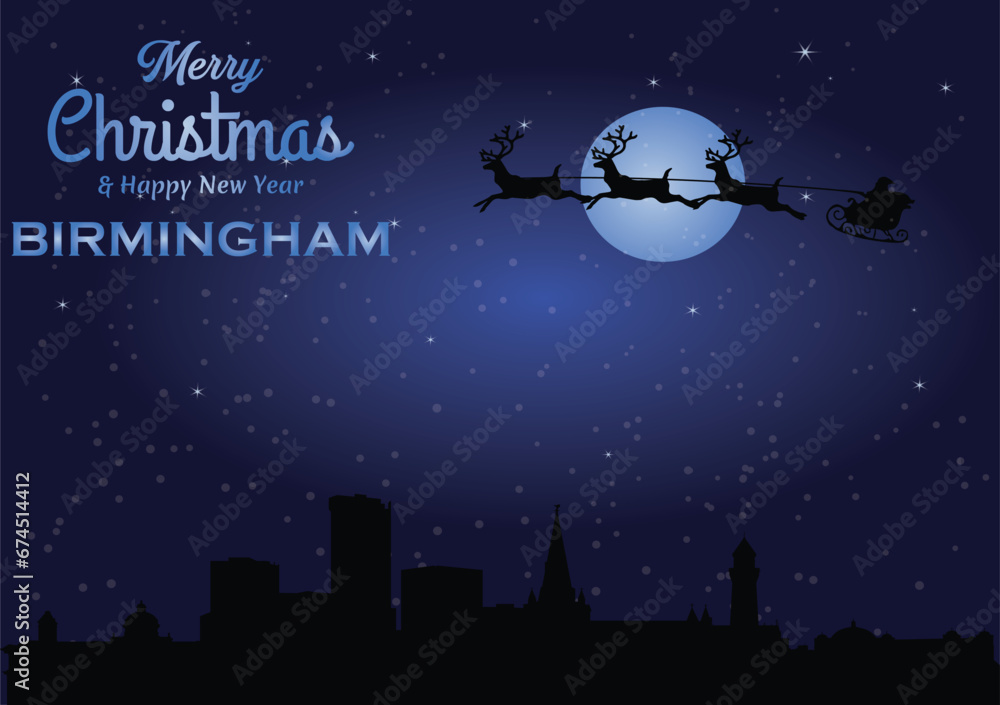 Christmas and New year dark blue greeting card with Santa Claus silhouette and black panorama of the city of Birmingham