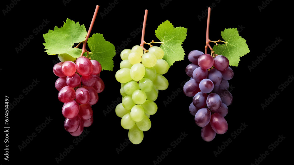 Collection set of green and red grapes isolated on black background.