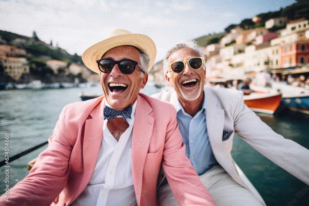 two senior men gay couple on vacation in Italy traveling on a boat together, having fun and enjoying life