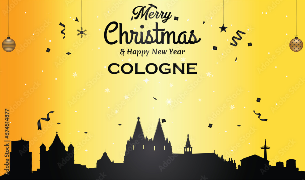 Christmas and New year golden greeting card with black panorama of the city of Cologne