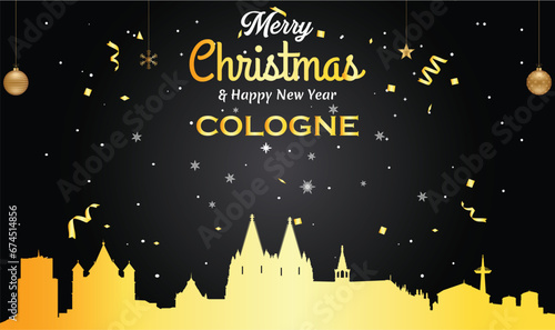 Christmas and New year black greeting card with golden panorama of the city of Cologne