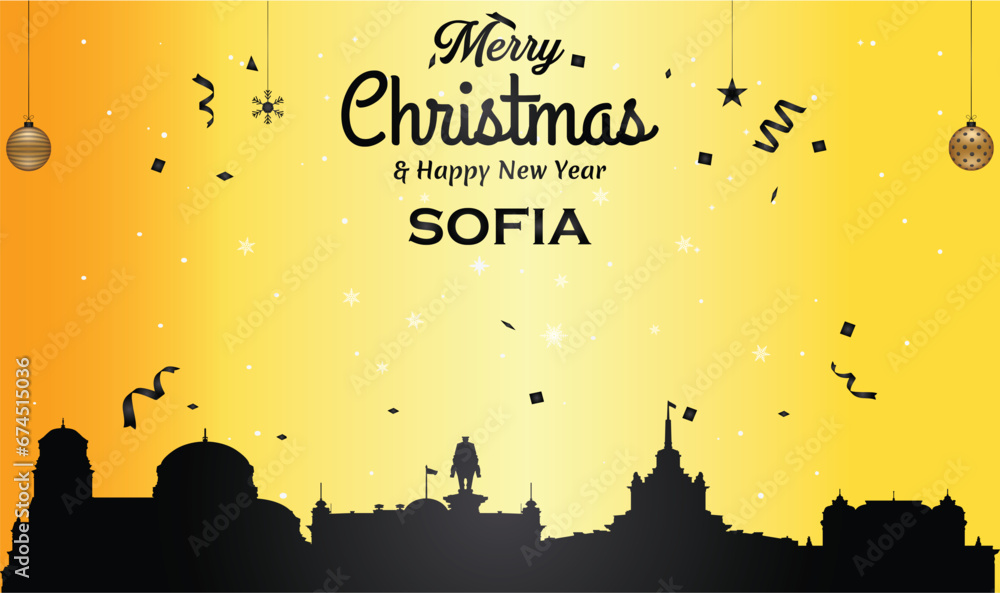 Christmas and New year golden greeting card with black panorama of the city of Sofia