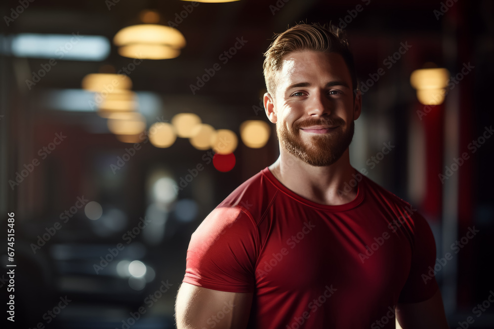 portrait of young muscular man resting in gym while looking at camera. Healthy lifestyle