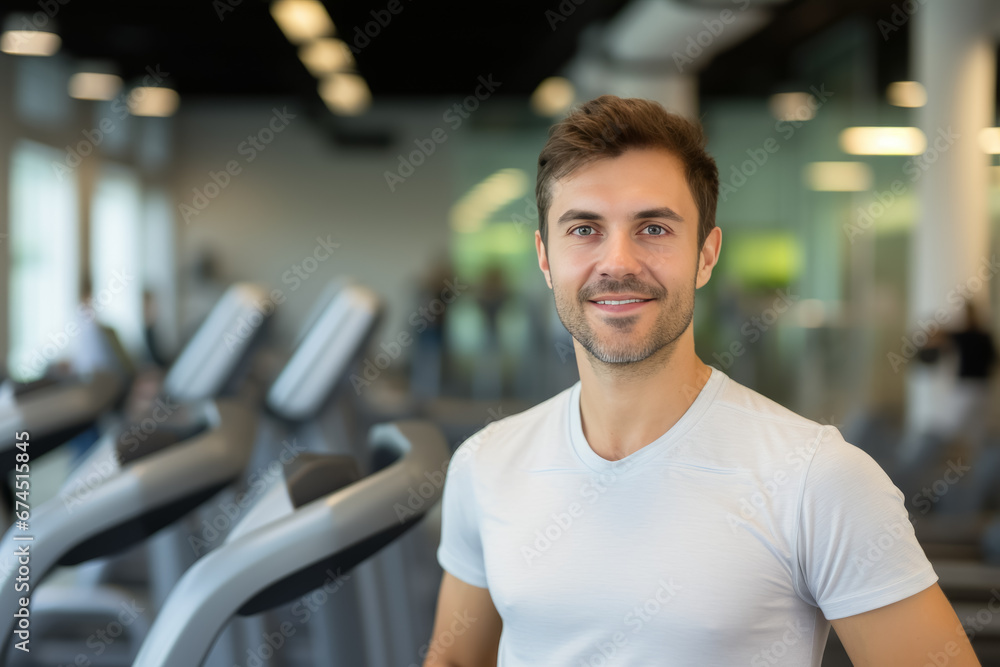 Fototapeta premium portrait of young muscular man resting in gym while looking at camera. Healthy lifestyle