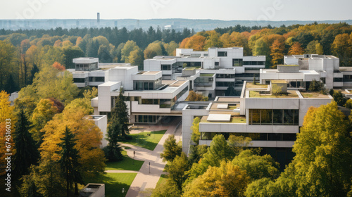 The modern university campus, built in a cubic style, nestled in a magnificent forest photo