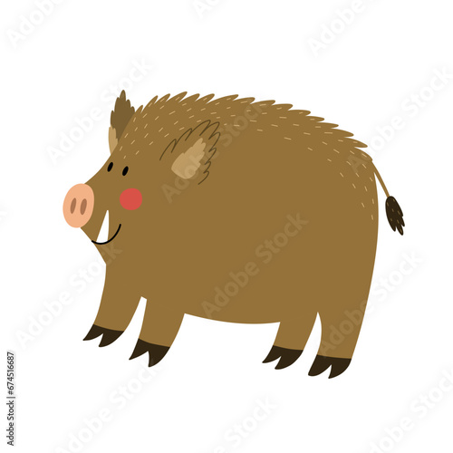 Cute boar in cartoon style. Forest character for kids design. Woodland animal isolated on white background. Vector illustration