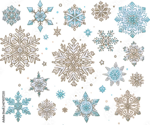 繊細なデザインの雪の結晶のイラストセット