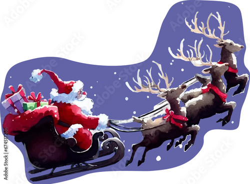 空を飛ぶトナカイのソリに乗ったサンタクロースの水彩イラスト