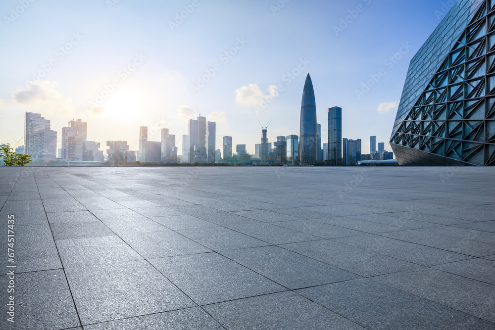 City square and skyline with modern buildings in Shenzhen at sunset, Guangdong Province, China. City square and skyline with modern buildings in Shenzhen at sunset, Guangdong Province, China.