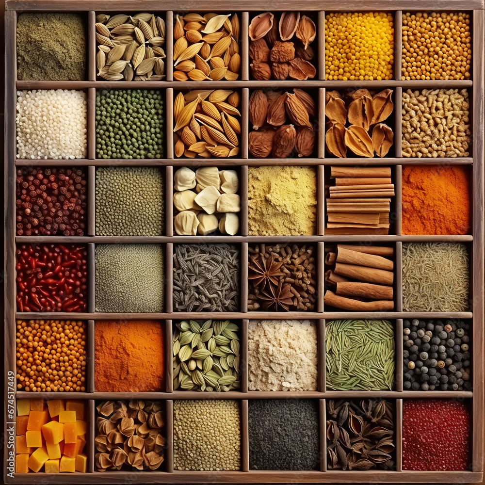 Collection of different aromatic spices and seeds in a wooden cells on black background, view from above. Generative AI Collection of different aromatic spices and seeds in a wooden cells on black background, view from above. Generative AI