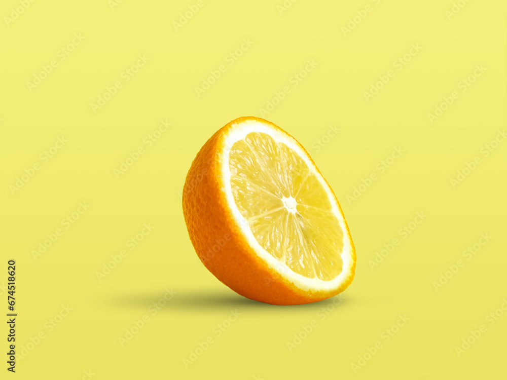 Lemon with orange texture on pastel yellow background. Creative summer idea. Minimal fruit concept. Mixed fruit. Citrus fruit art. Copy space. Lemon with orange texture on pastel yellow background. Creative summer idea. Minimal fruit concept. Mixed fruit. Citrus fruit art. Copy space.