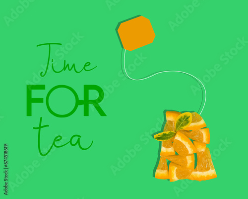 Tea bag made of orange slices, natural green leaves and TIME FOR TEA letters against bright green background. Copy space. Creative summer idea. Minimal fruit concept. Brand tea design.
