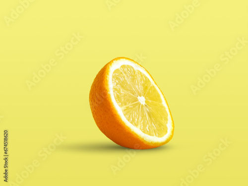 Lemon with orange texture on pastel yellow background. Creative summer idea. Minimal fruit concept. Mixed fruit. Citrus fruit art. Copy space.