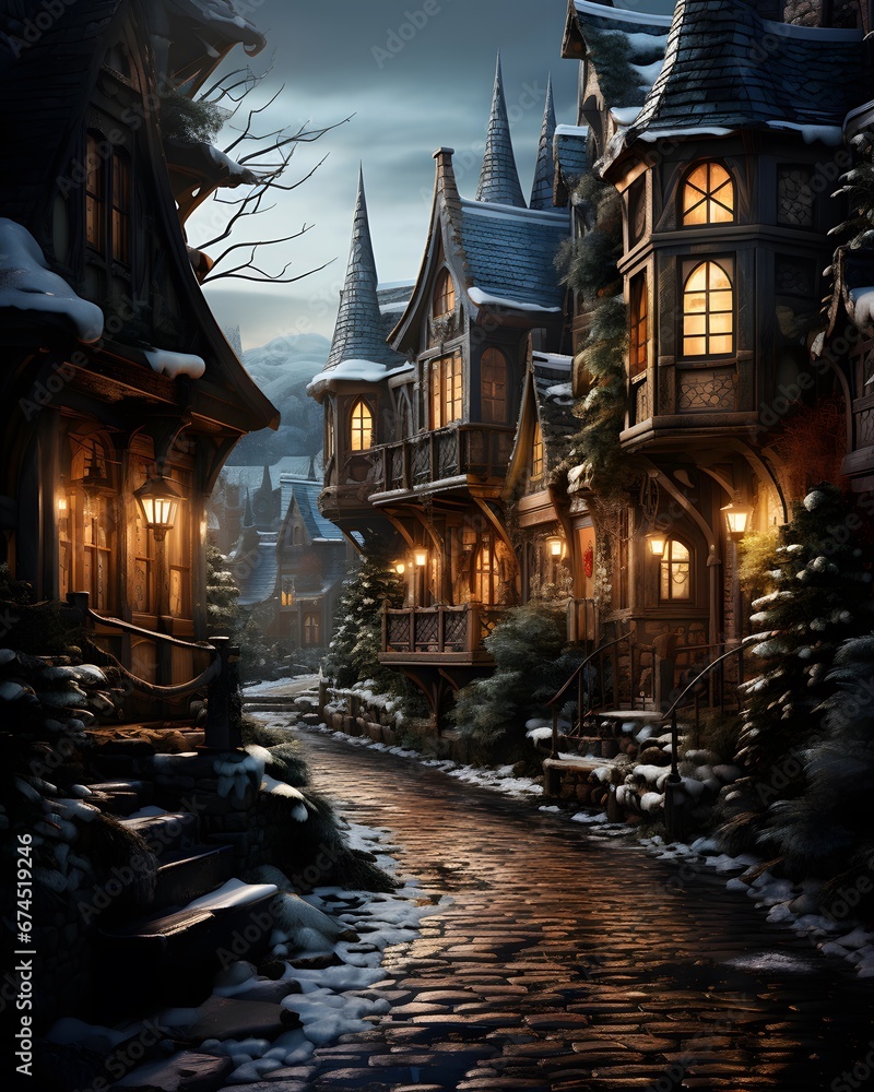 Winter night in a fairy-tale village. 3d rendering.