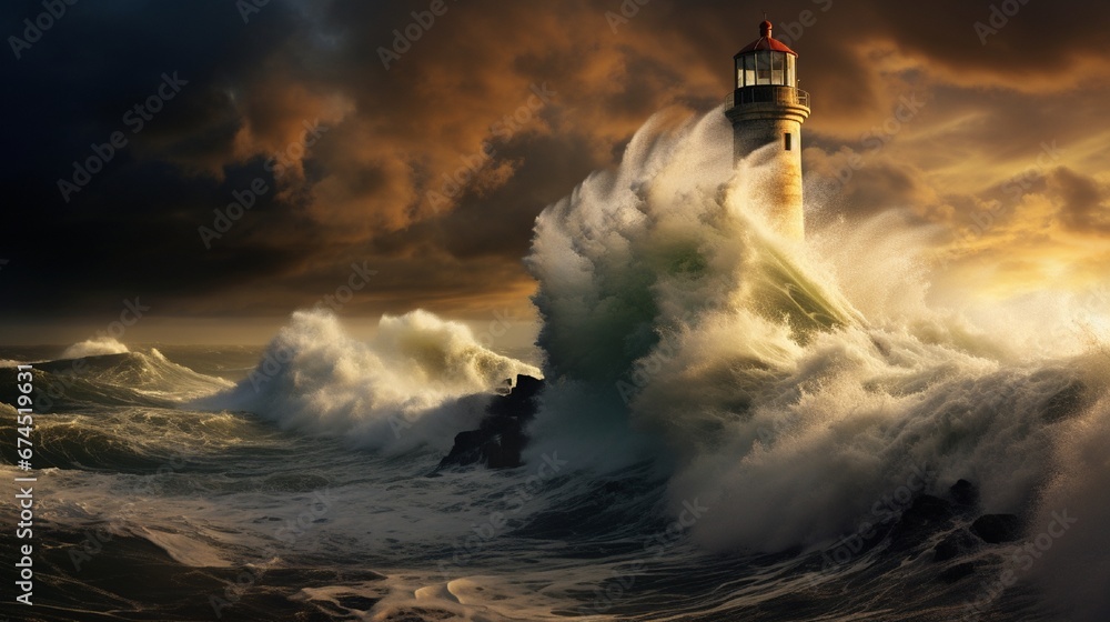 A dramatic and stormy seascape, with crashing waves, a lighthouse standing tall against the tempest