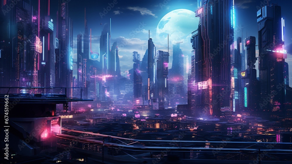 A bustling futuristic cityscape at night neon lights illuminating towering skyscrapers
