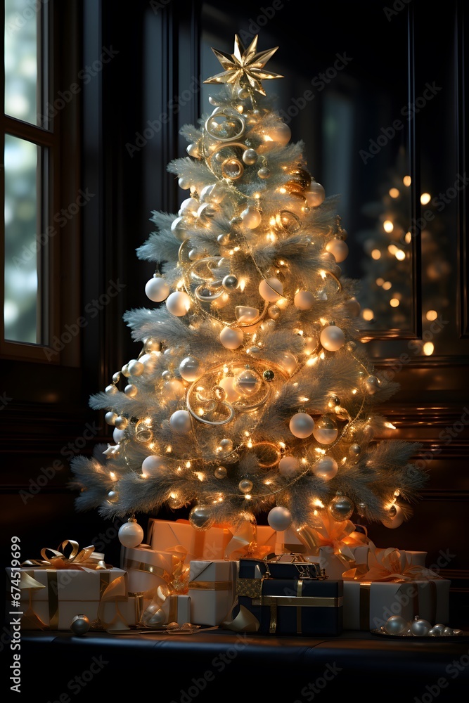 Christmas tree and gifts on the background of the window. 3d rendering