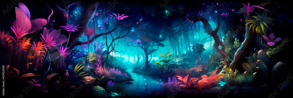 bioluminescent jungle at night, with fluorescent plants and animals creating an otherworldly, neon-lit atmosphere. bioluminescent jungle at night, with fluorescent plants and animals creating an otherworldly, neon-lit atmosphere.