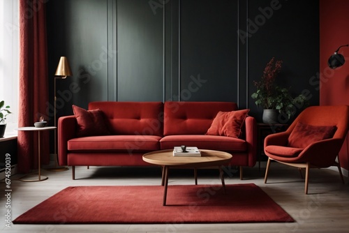 Dark red sofa and recliner chair in scandinavian apartment. Interior design of modern living room. Generative Ai. © kapros76