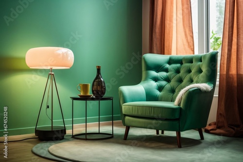 Dark green sofa and recliner chair in scandinavian apartment. Interior design of modern living room. Generative Ai.