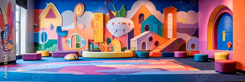 Whimsical and colorful children's play area in a hotel lobby with interactive games and toys. photo