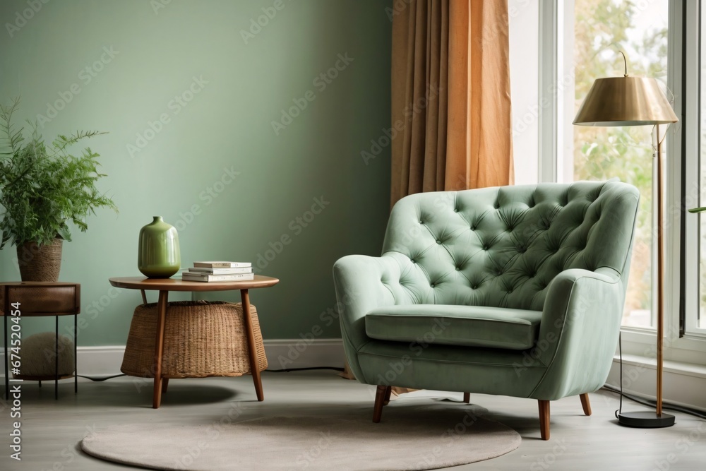 Dark green sofa and recliner chair in scandinavian apartment. Interior design of modern living room. Generative Ai. Dark green sofa and recliner chair in scandinavian apartment. Interior design of modern living room. Generative Ai.