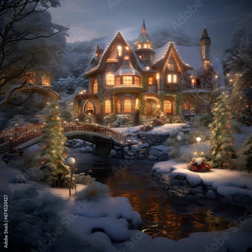 Winter night in the village. Christmas and New Year. Winter landscape.