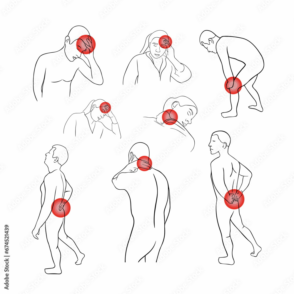 Vector isolated illustration of back and joint pain. Headache and neck