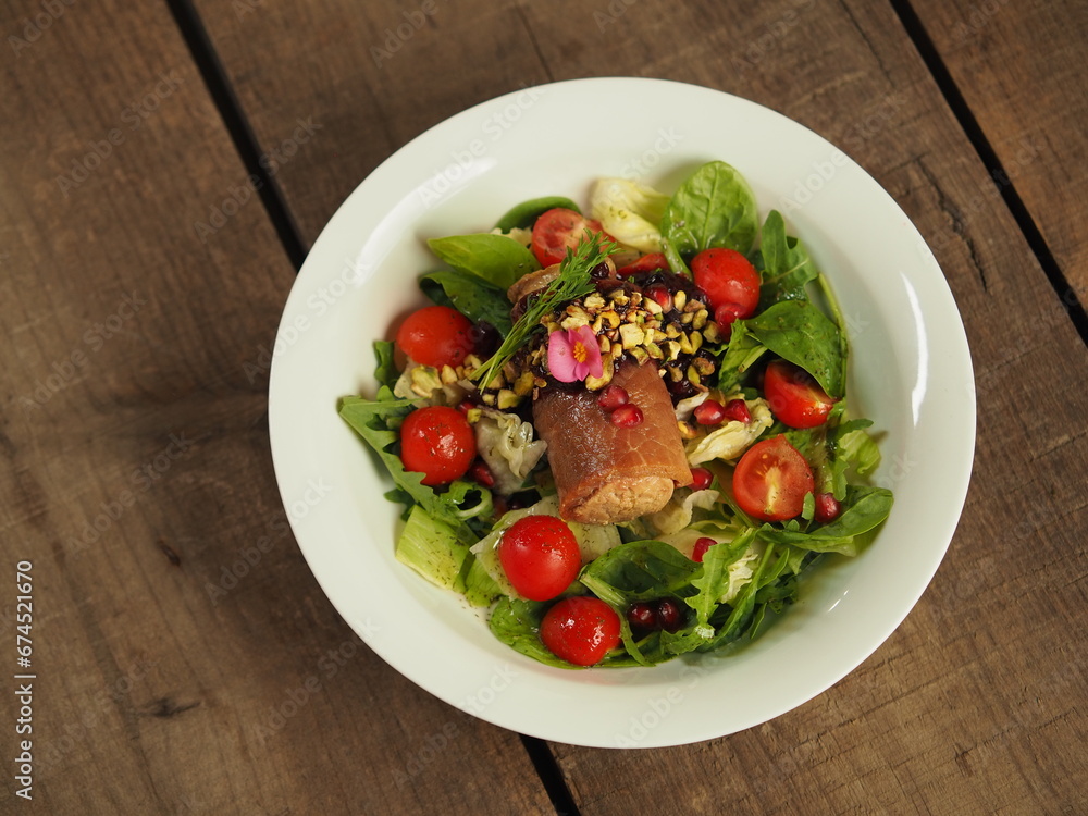 salad with foaie gras and meat