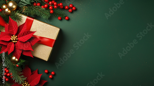 green  christmas background with poinsettia with leaves, red berries, gift box wrapped red silk ribbon, gold tinsel, with empty copy Space